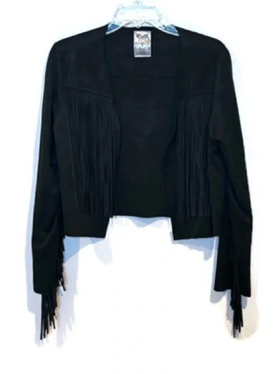 Vocal Black Faux Suede Fringe Cropped Jacket Western Boho Cowgirl Style Medium - Picture 2 of 9
